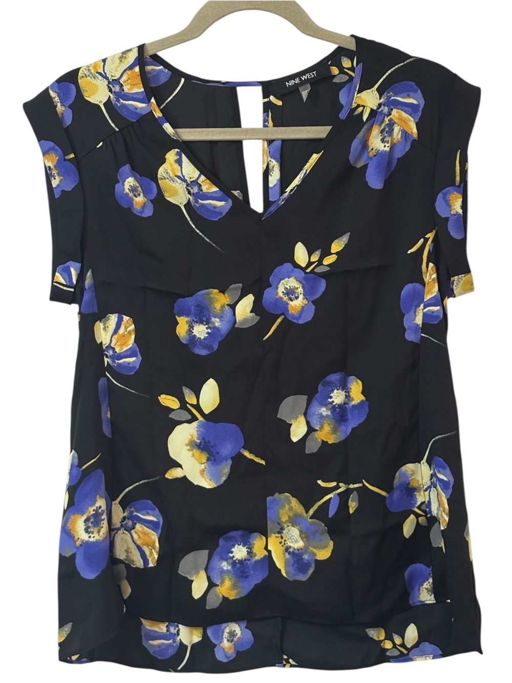 Nine West Black Purple Floral Short Sleeve V-Neck Cap Sleeve Blouse Sz M Career